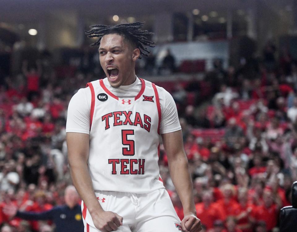 Texas Tech's guard Darrion Williams (5) reacts to a dunk against Texas A&M-Commerce in the first home game of the season, Wednesday, Nov. 8, 2023, at United Supermarkets Arena.