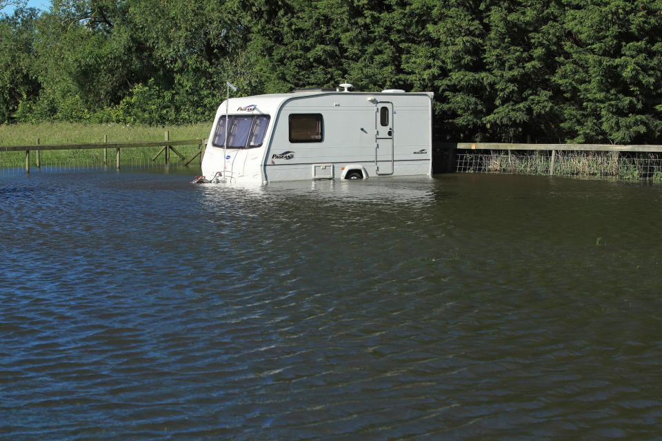 A caravan partly submerged by floodwater in Wainfleet 