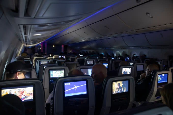 United Airlines Boeing 787 Dreamliner aircraft interior.