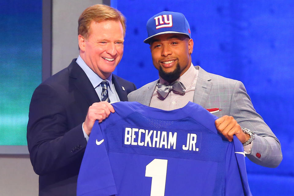 NFL commissioner Roger Goodell and Odell Beckham Jr. after the New York Giants selected Beckham 12th overall during the 2014 NFL draft. (Photo by Rich Graessle/Icon SMI/Corbis/Icon Sportswire via Getty Images)