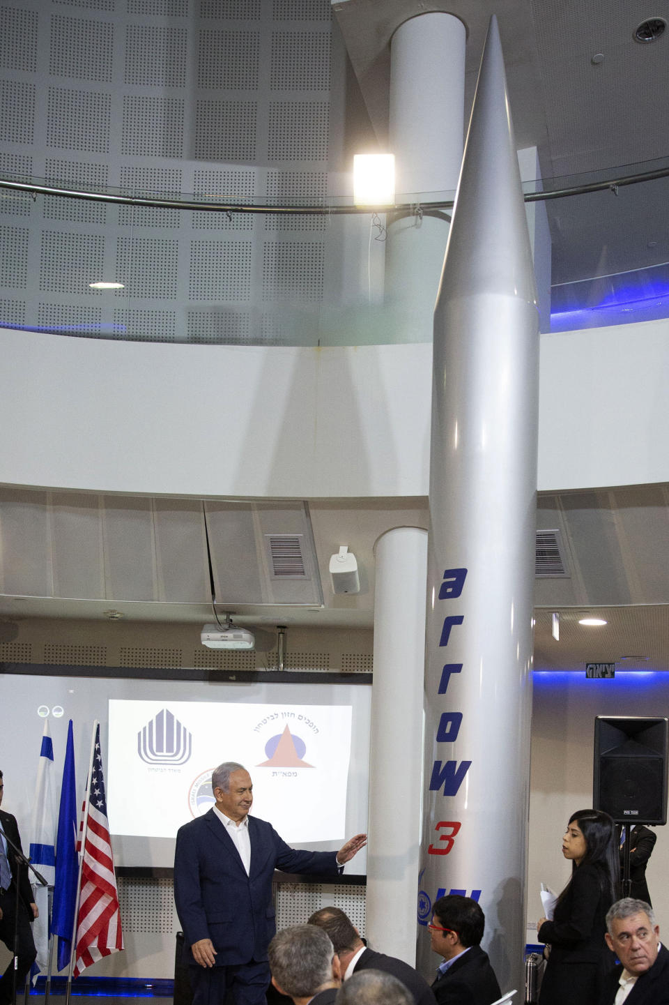 Israeli Prime Minister Benjamin Netanyahu speaks during a visit to the Israel Aerospace Industries (IAI) MLM Division plant in Be'er Ya'akov, Israel, Tuesday, Jan. 22, 2019. Israel said Tuesday that it has successfully tested the Arrow-3 interceptor, the country's advanced missile defense system capable of defending against ballistic missile threats outside the atmosphere. (Tomer Appelbaum/Pool Photo via AP)