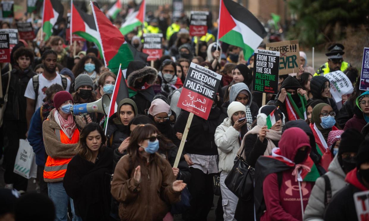 <span>Students marching in London in November to demand a ceasefire. Those at several universities have staged occupations and demonstrations.</span><span>Photograph: Guy Smallman/Getty Images</span>