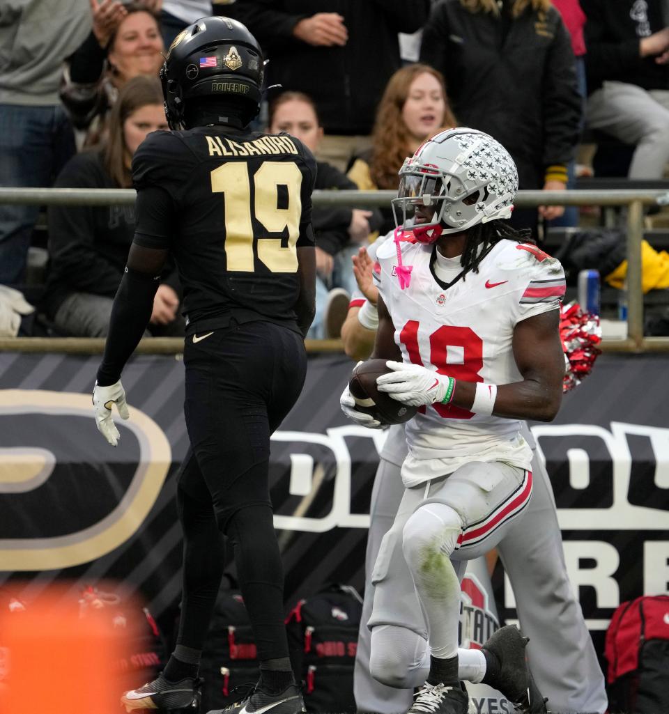 Oct. 14, 2023; Lafayette, In., USA;<br>Ohio State Buckeyes wide receiver Marvin Harrison Jr. (18) finds the endzone for a second time during the first half of Saturday’s NCAA Division I football game at Ross-Ade Stadium in Lafayette.