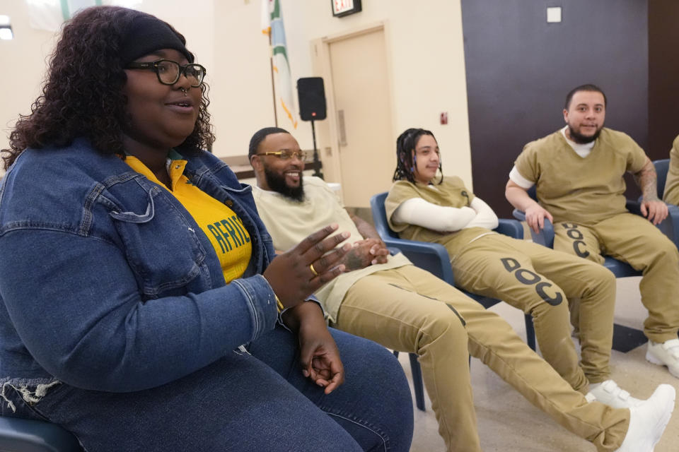 DePaul student Nana Ampoto talks during a book club at Department Of Corrections Division 11 in Chicago, Monday, April 22, 2024. DePaul students and detainees are currently reading Dead Man Walking and the author, anti death penalty advocate, Sister Helen Prejean attended to lead a discussion. (AP Photo/Nam Y. Huh)