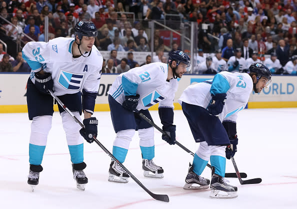 TORONTO, ON - SEPTEMBER 21: Zdeno Chara #33, Tomas Tatar #21 and Mats Zuccarello #63 of Team Europe prepares for a face-off against Team Canada during the World Cup of Hockey 2016 at Air Canada Centre on September 21, 2016 in Toronto, Ontario, Canada. (Photo by Andre Ringuette/World Cup of Hockey via Getty Images)