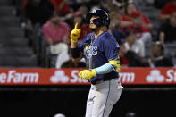 Tampa Bay Rays' Isaac Paredes reacts after hitting a solo home run against the Los Angeles Angels during the seventh inning of a baseball game in Anaheim, Calif., Tuesday, April 9, 2024. (AP Photo/Alex Gallardo)