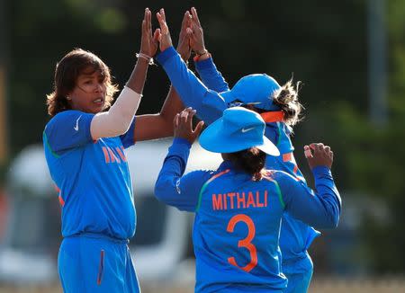 Cricket - Australia vs India - Women's Cricket World Cup Semi Final - Derby, Britain - July 20, 2017 India's Jhulan Goswami celebrates taking the wicket of Australia's Alyssa Healy Action Images via Reuters/Jason Cairnduff