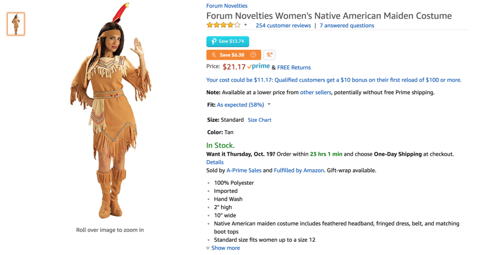 Native American costume sold on Amazon. (Photo: Amazon/Forum Novelties)