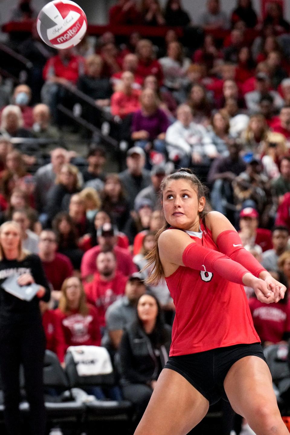 Nov 26, 2022; Columbus, Ohio, United States;  Ohio State University’s Gabby Gonzales (8) watches the ball at Covelli Center during the NCAA division I women’s volleyball game between Ohio State University and the University of Wisconsin. Mandatory Credit: Joseph Scheller-The Columbus Dispatch