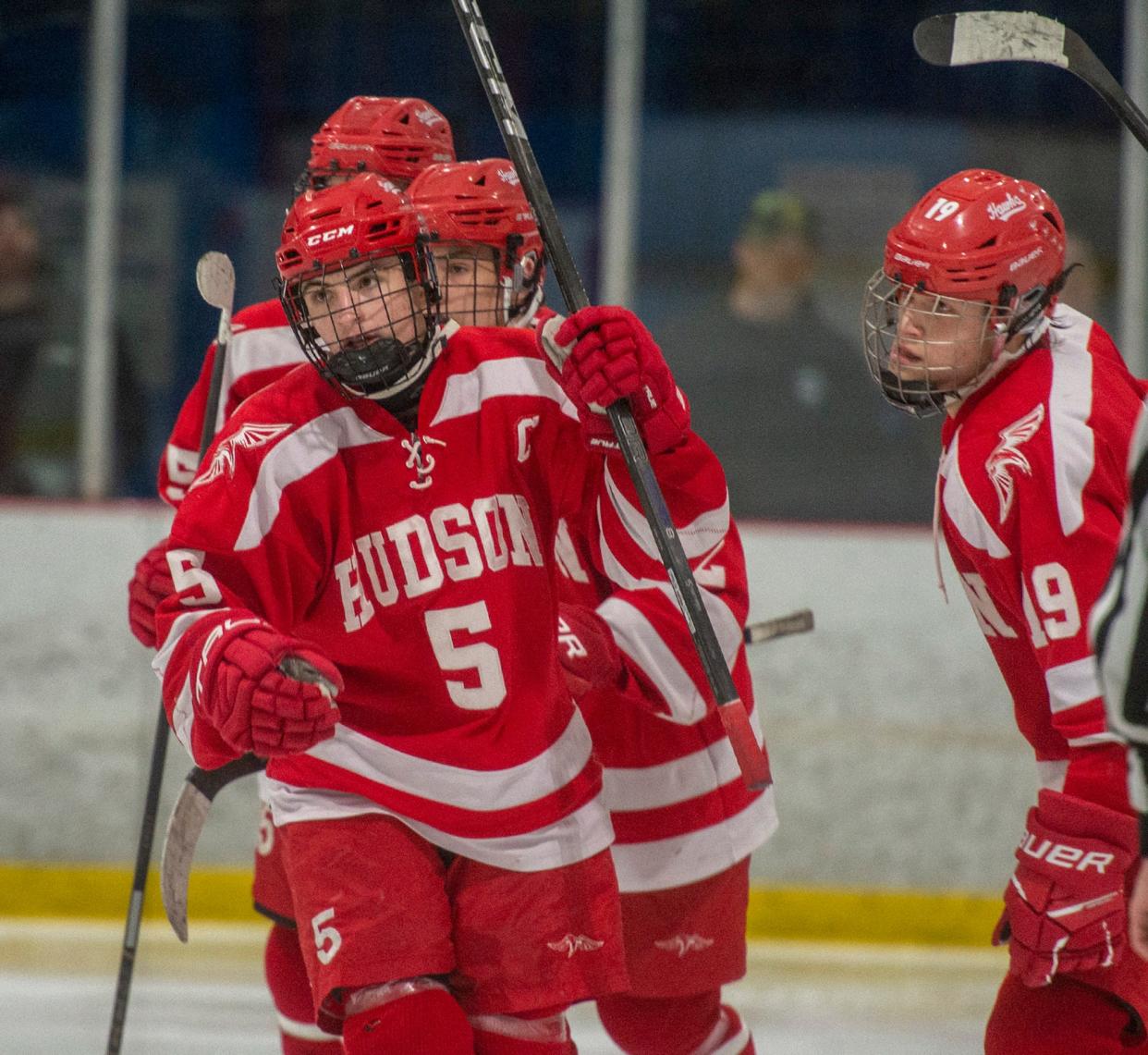 Hudson/Tahanto senior captain Joe Lozoraitis after scoring against Blackstone Valley Tech during the CMass Athletic Directors Association Class B Championship at Northstar Arena in Westborough, Feb. 22, 2024.