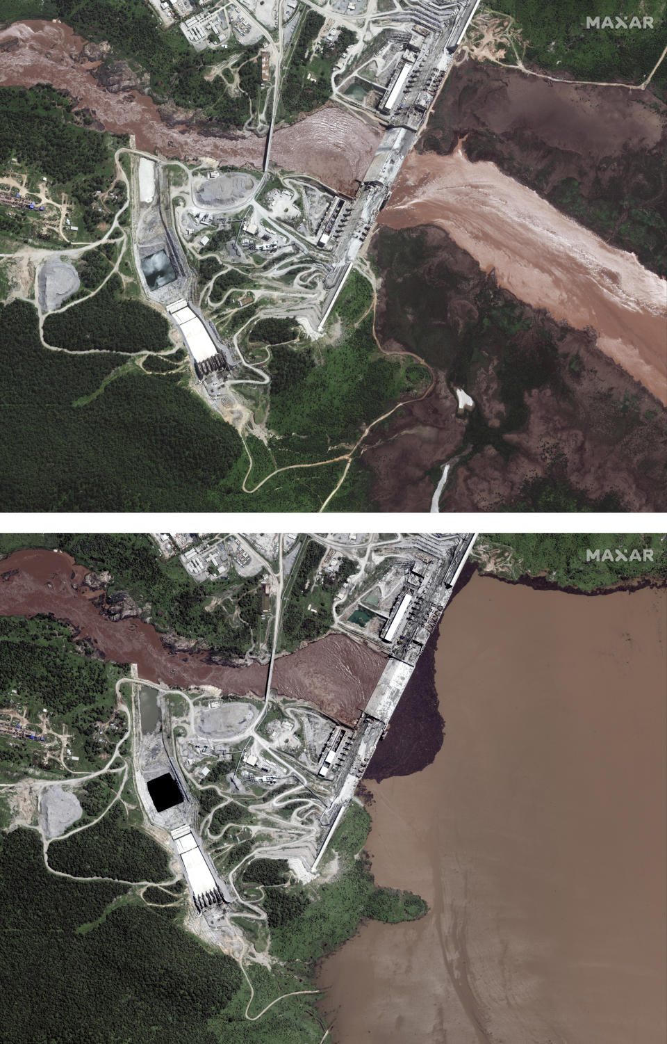 This combination image made from satellite images taken on Friday, June 26, 2020, above, and Sunday, July 12, 2020, below, shows the Grand Ethiopian Renaissance Dam on the Blue Nile river in the Benishangul-Gumuz region of Ethiopia. New satellite imagery shows the reservoir behind Ethiopia's disputed hydroelectric dam beginning to fill, but an analyst says it's likely due to seasonal rains instead of government action. (Maxar Technologies via AP)