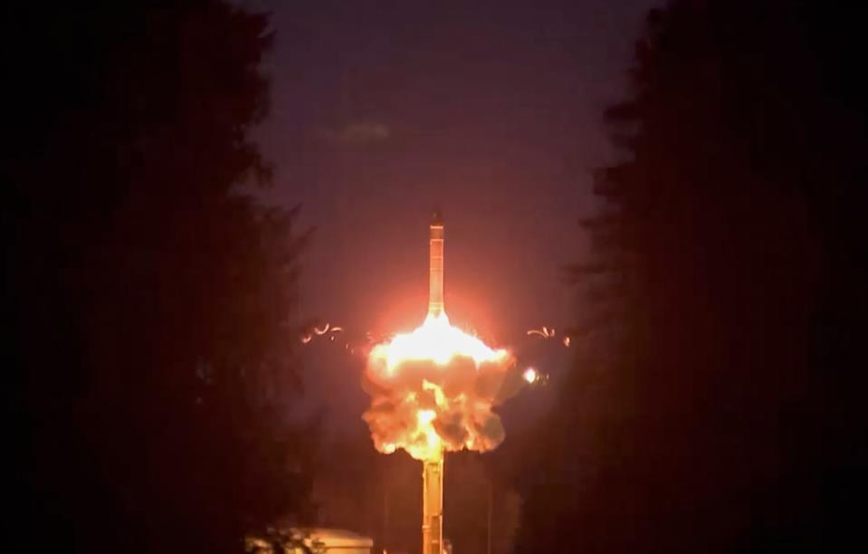 The Yars intercontinental ballistic missile launched during a nuclear strike test (EPA)