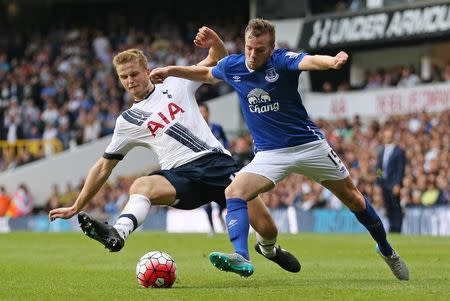 Football - Tottenham Hotspur v Everton - Barclays Premier League - White Hart Lane - 29/8/15 Tottenham's Eric Dier in action with Everton's Tom Cleverley Action Images via Reuters / Matthew Childs Livepic