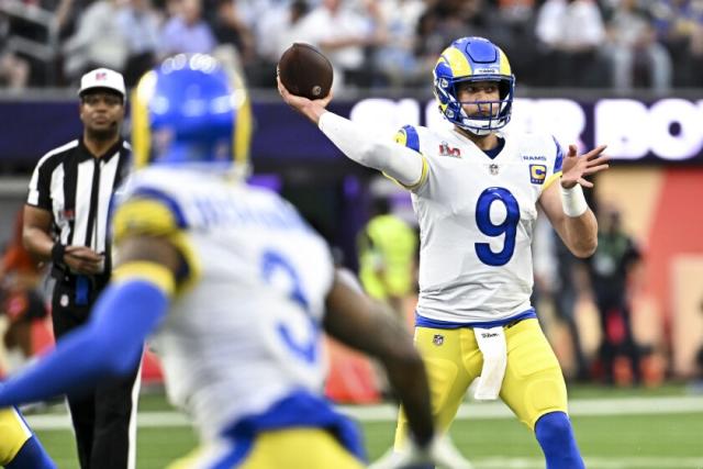 Los Angeles Rams quarterback Matthew Stafford (9) attempts a pass during a  NFL divisional playo …