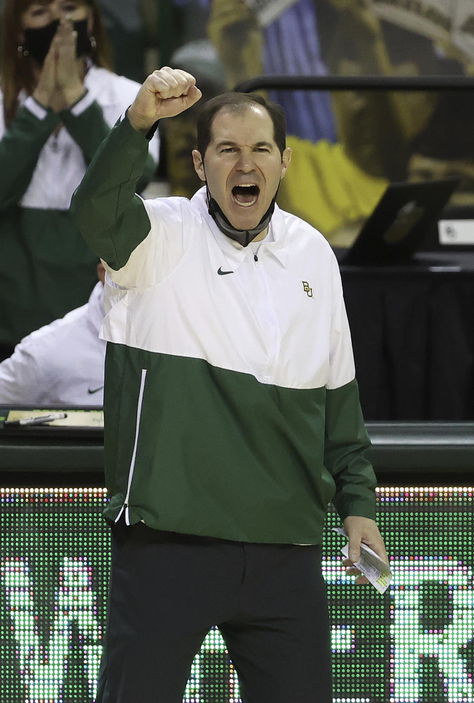 Baylor head coach Scott Drew reacts as his team scores in the second half of an NCAA college basketball game against Texas Tech Sunday, March 7, 2021, in Waco, Texas. (AP Photo/Jerry Larson)