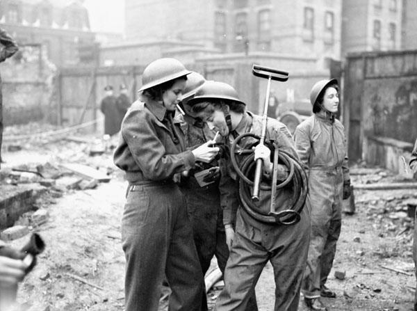 CWAC personnel taking part in a firefighting exercise, London, England