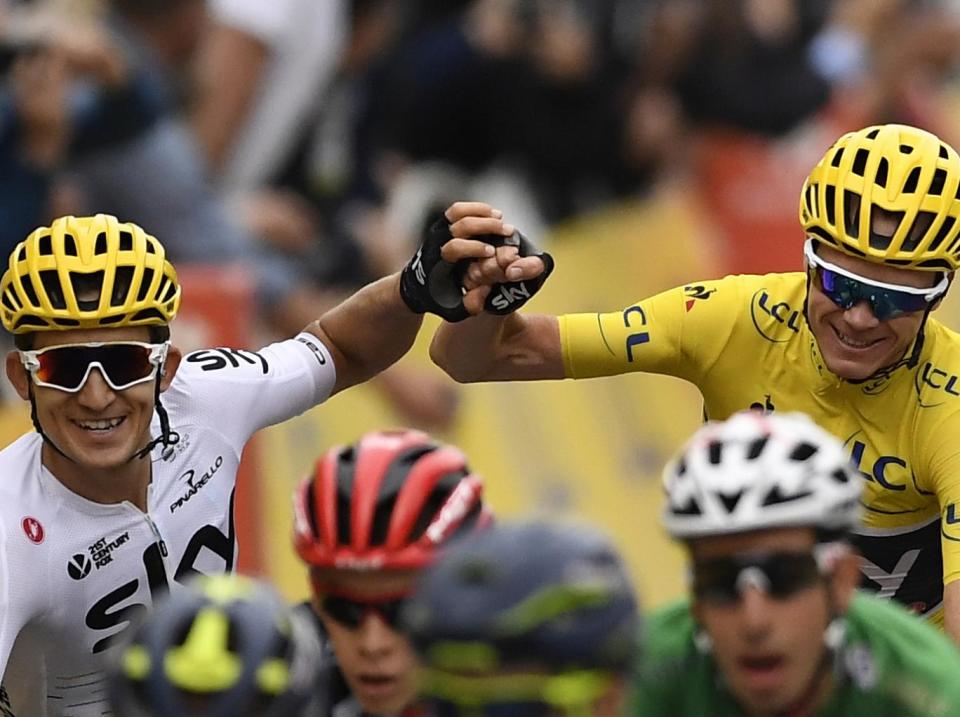 Froome celebrates with his teammate Michal Kwiatkowski (Getty)