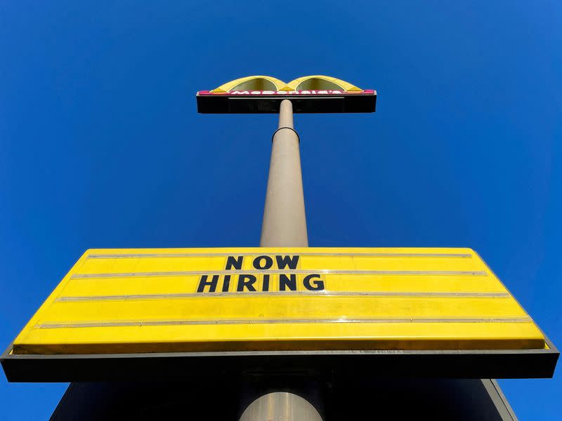 FILE PHOTO: A sign outside a McDonalds restaurant reads "Now Hiring" in Augusta, Georgia