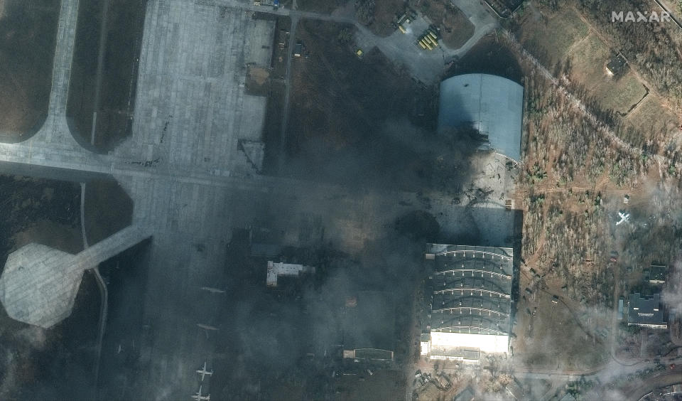 RUSSIANS INVADE UKRAINE -- FEBRUARY 27, 2022:  06 Maxar high-resolution satellite image of a damaged aircraft hanger at Antonov Airport in Hostomel, Ukraine.  27feb2022_wv3.  Please use: Satellite image (c) 2022 Maxar Technologies.