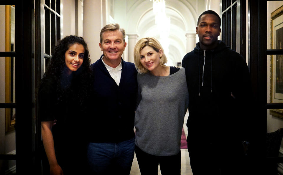 Jodie Whittaker takes center stage as the first female Doctor alongside Bradley Walsh, Tosin Cole, and Mandip Gill in the latest season of <em>Doctor Who</em>. (Photo: BBC America)