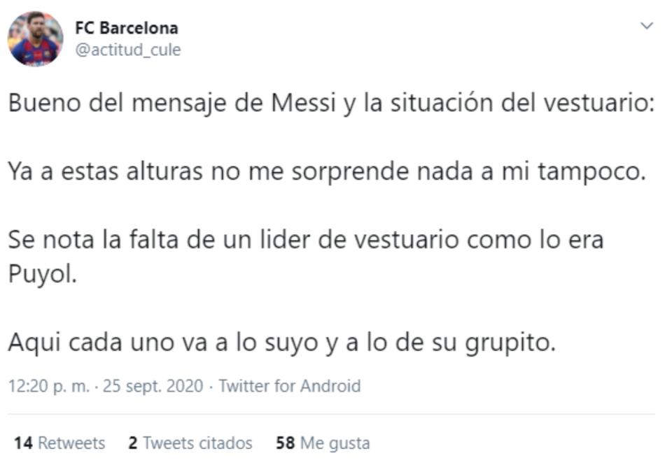 Hay quien echa en falta a jefes de vestuario como Puyol. (Foto: Twitter / <a href="http://twitter.com/actitud_cule/status/1309437664580571137" rel="nofollow noopener" target="_blank" data-ylk="slk:@actitud_cule;elm:context_link;itc:0;sec:content-canvas" class="link ">@actitud_cule</a>).