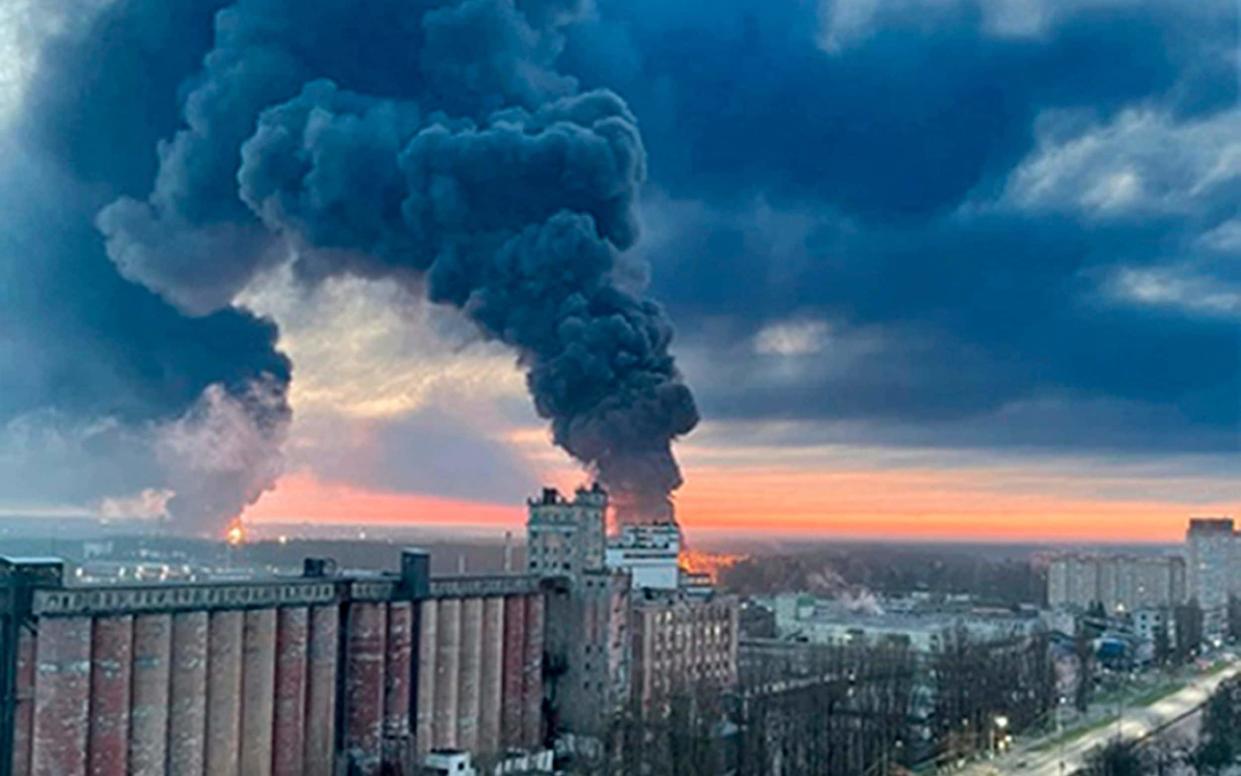 A huge fire at oil storage facilities in Bryansk, Russia, after a suspected Ukrainian strike