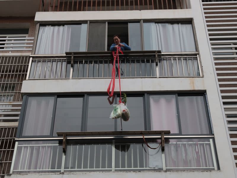 FOTO DE ARCHIVO: Un residente tira de una cuerda para atar los comestibles entregados por los trabajadores comunitarios mientras el complejo residencial está sellado, tras un brote del nuevo coronavirus, en Yichang, provincia de Hubei, China