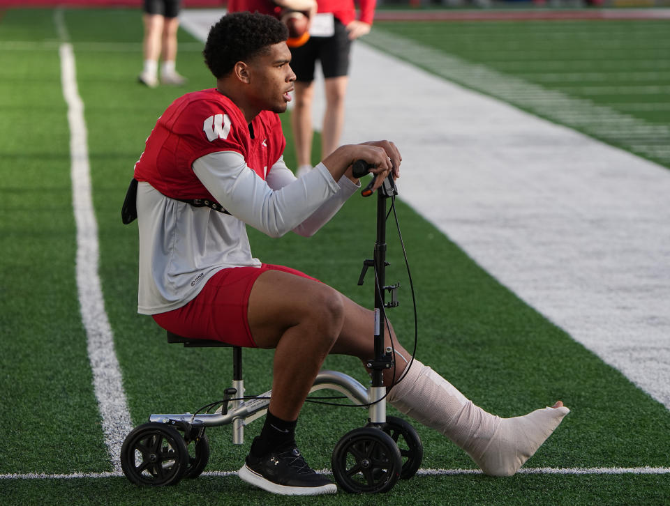 Apr 11, 2023; Madison, WI, USA; Wisconsin wide receiver Chris Brooks Jr. (84) is shown during practice Tuesday, April 11, 2023 at Camp Randall Stadium in Madison, Wis. Mandatory Credit: Mark Hoffman-USA TODAY Sports