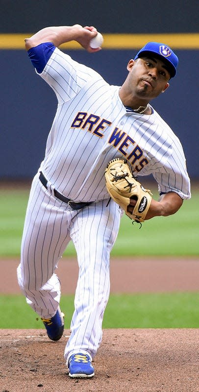 2016: Milwaukee Brewers starting pitcher Junior Guerra throws during the first inning against the Pittsburgh Pirates in Milwaukee.