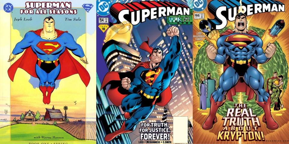 Covers for Jeph Loeb's Superman for All Seasons by Tim Sale, and the ongoing Superman title by Ed McGuinness, 