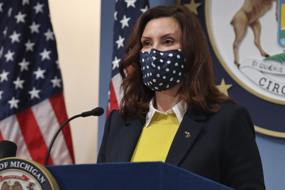 Gov. Gretchen Whitmer addresses the state during a speech in Lansing, Mich., on Feb. 4, 2021. Michigan's health department lifted a monthslong ban on contact sports that was ordered to help curb rising coronavirus cases. (Michigan Office of the Governor via AP)