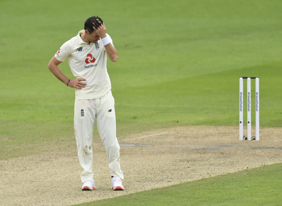 England's James Anderson reacts after bowling a delivery during the second day of the first cricket Test match between England and Pakistan at Old Trafford in Manchester, England, Thursday, Aug. 6, 2020. (Dan Mullan/Pool via AP)