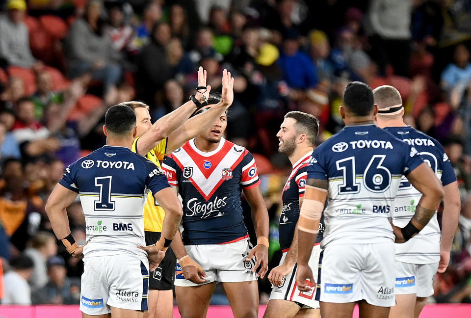 Roosters' Still Tupouniua is sent to the sin bin during the round 10 NRL match between the Sydney Roosters and the North Queensland Cowboys.