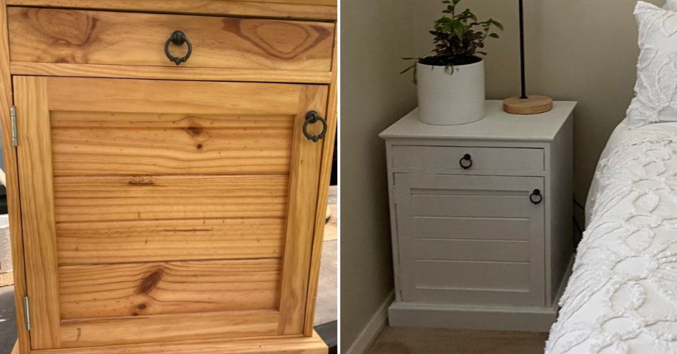 before picture of a pine wood cabinet and after it has been painted and restored in white. It sits next to a bed with white bedspread and has a plant and lampstand on it.