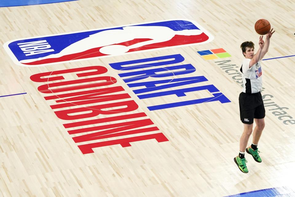 Austin Reaves shoots during a workout at the NBA draft combine.