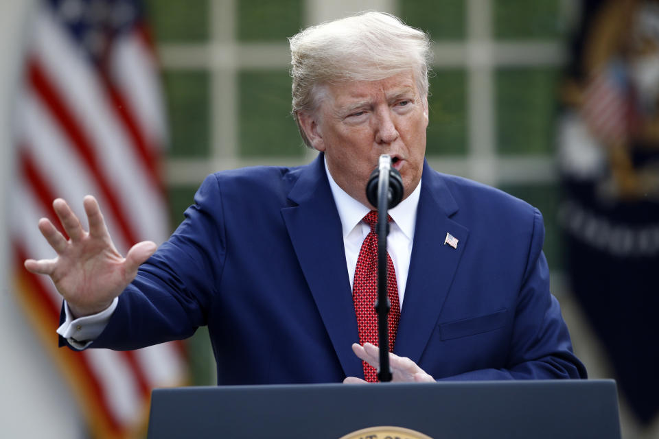 President Donald Trump speaks during a coronavirus task force briefing in the Rose Garden of the White House, Sunday, March 29, 2020, in Washington. (AP Photo/Patrick Semansky)