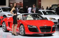 DETROIT, MI - JANUARY 11: Audi displays their R8 during the press preview of the North American International Auto Show at the Cobo Center on January 11, 2011 in Detroit, Michigan. The show is currently opened only for media previews and opens to the general public January 15-23. (Photo by Scott Olson/Getty Images)