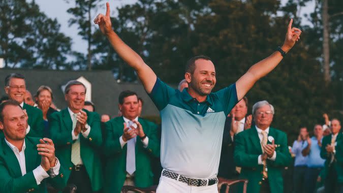 Sergio Garcia, of Spain, celebrates at the green jacket ceremony after the Masters golf tournament, in Augusta, GaMasters Golf, Augusta, USA - 09 Apr 2017.