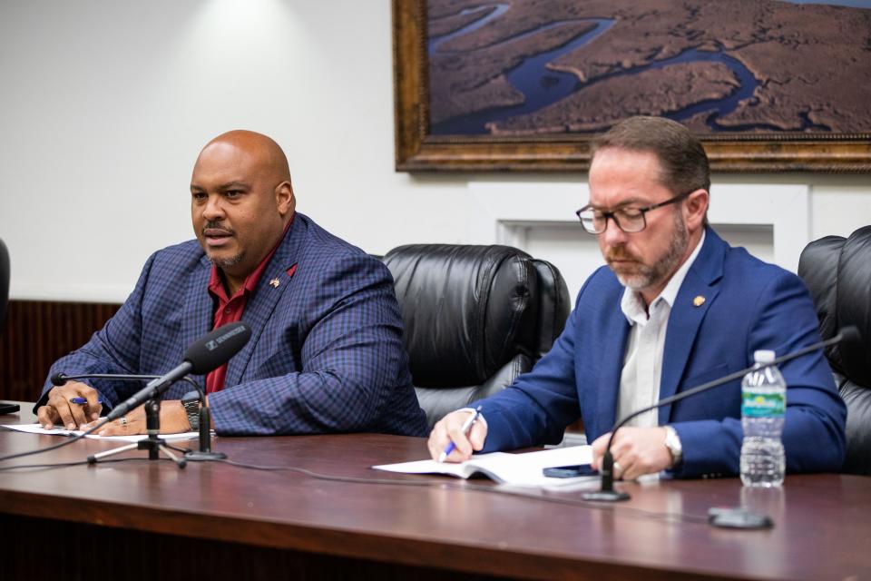 Sen. Corey Simon and Rep. Jason Shoaf at the Taylor County delegation meeting in October. Hurricane Idalia came ashore in Taylor and the two lawmakers have introduced a recovery plan for the Florida Legislature to consider this week.