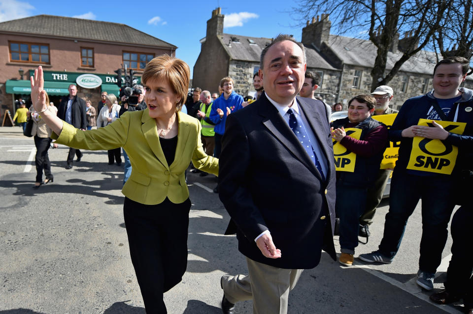 INVERURIE, SCOTLAND - APRIL 18:  SNP Leader Nicola Sturgeon and Alex Salmond campaign in the Gordon constituency on April 18, 2015 in Inverurie, Scotland. The First Minister joined  Alex Salmond to highlight the fact that only the SNP represent all parts of Scotland.  (Photo by Jeff J Mitchell/Getty Images)