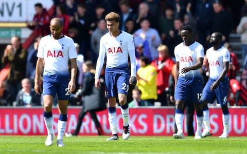 Tottenham's Dele Alli, Victor Wanyama, Lucas Moura and Davinson Sanchez look dejected after conceding a goal to Bournemouth - Credit: Reuters