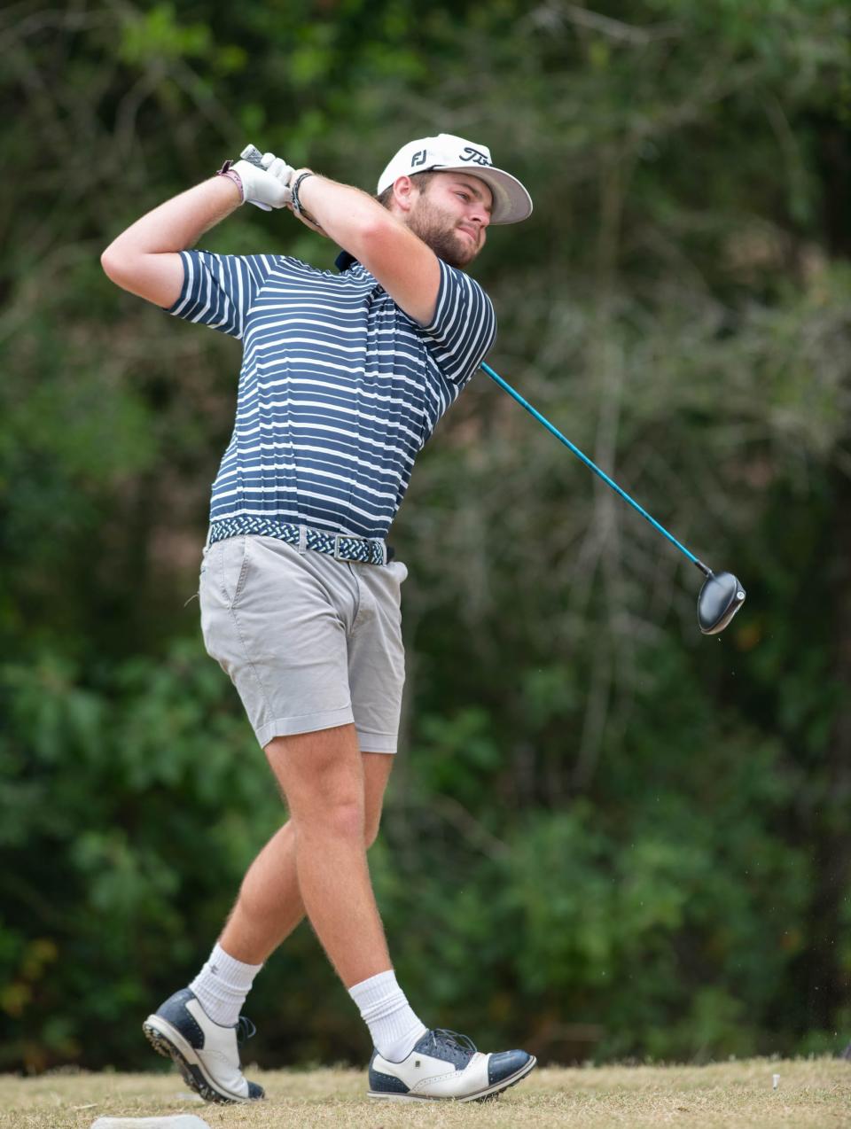 Braden Duvall tees off during the Cook Family Classic summer tour golf tournament at the Tanglewood Golf Club in Milton on Thursday, June 8, 2023.
