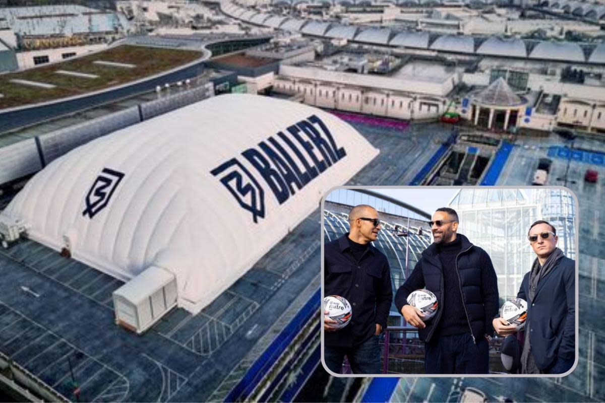 The Ballerz dome in Dartford and (inset) L to R: Bobby Zamora, Rio Ferdinand and Mark Noble <i>(Image: Ballerz)</i>