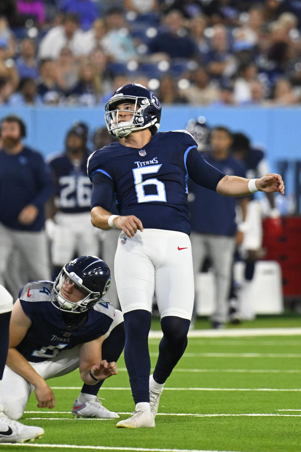 Tennessee Titans place-kicker Michael Badgley (6) kicks a field goal in the first half of an NFL preseason football game against the New England Patriots Friday, Aug. 25, 2023, in Nashville, Tenn. (AP Photo/John Amis)