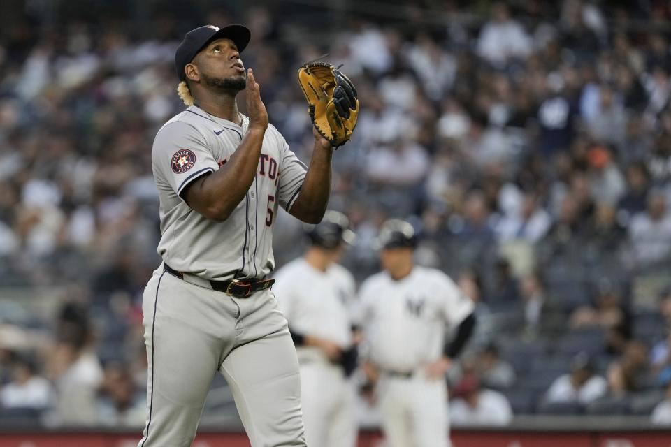 Houston Astros pitcher Ronel Blanco gestures as he leaves during the sixth inning of the team's baseball game against the New York Yankees, Thursday, May 9, 2024, in New York. (AP Photo/Frank Franklin II)