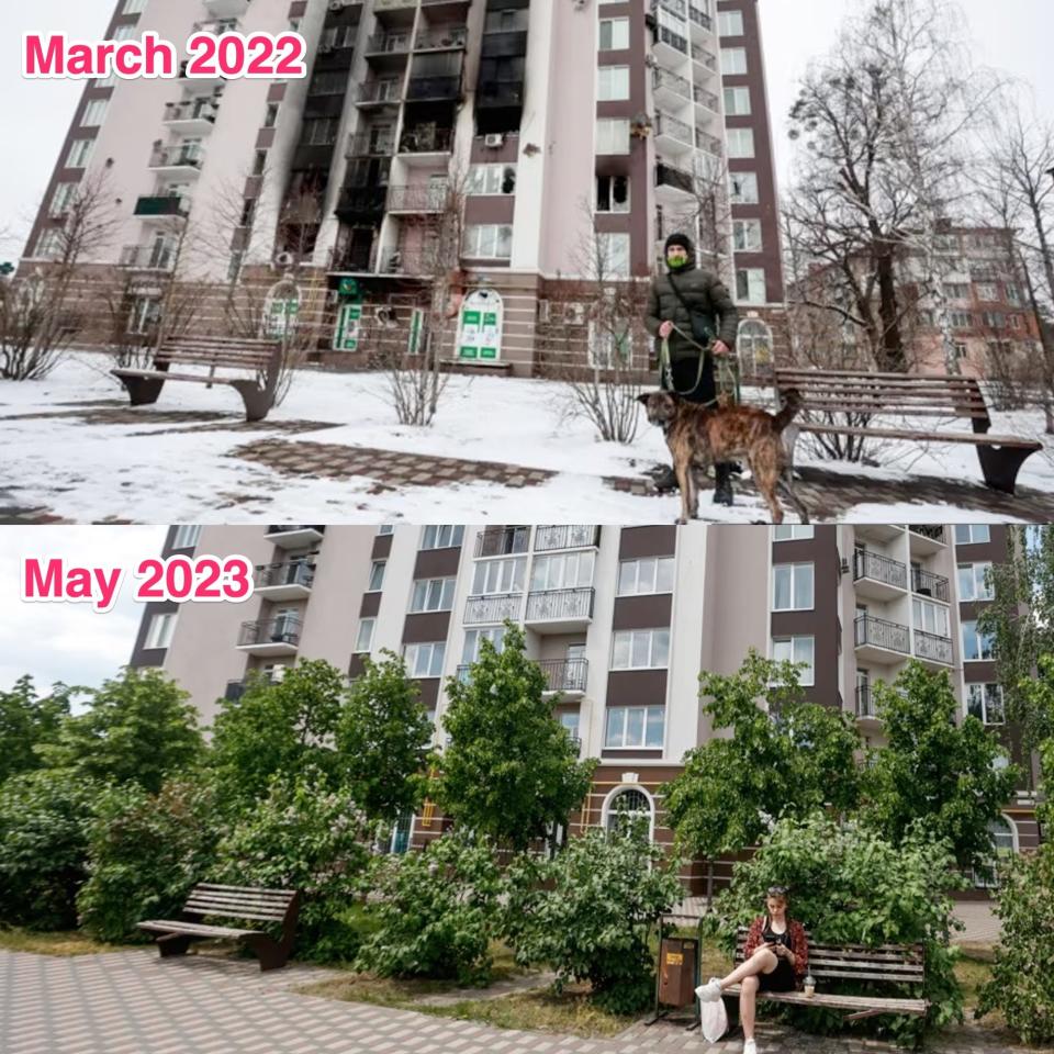 A charred Bucha apartment building in March 2022 is shown in the top image. Below, the same building in May 2023.