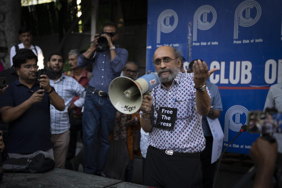 Paranjoy Guha Thakurta, a senior journalist and columnist associated with NewsClick, who was one of the 46 people detained by Delhi police Tuesday, speaks during a protest at press club of India in New Delhi, India, Wednesday, Oct. 4, 2023. Police in New Delhi on Tuesday arrested the editor of a news website and one of its administrators after raiding the homes of journalists working for the site, which has been critical of Prime Minister Narendra Modi and his Hindu nationalist-led government. (AP Photo/Altaf Qadri)