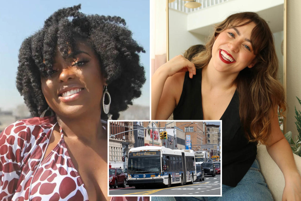 Tierra Chess, seen at left in portrait, smiling into camera in front of Statue of Liberty; at right, Tatiana Alvarez smiling in posed photo, wearing black top and laughing; inset of MTA city bus at center