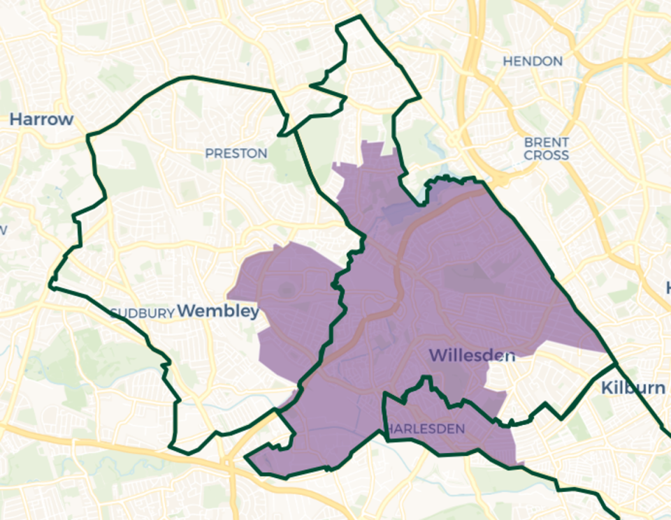 Brent East constituency map: Purple shaded area: current constituency boundary. Green outlines new constituency boundaries (© OPENSTREETMAP CONTRIBUTORS | © CARTO)