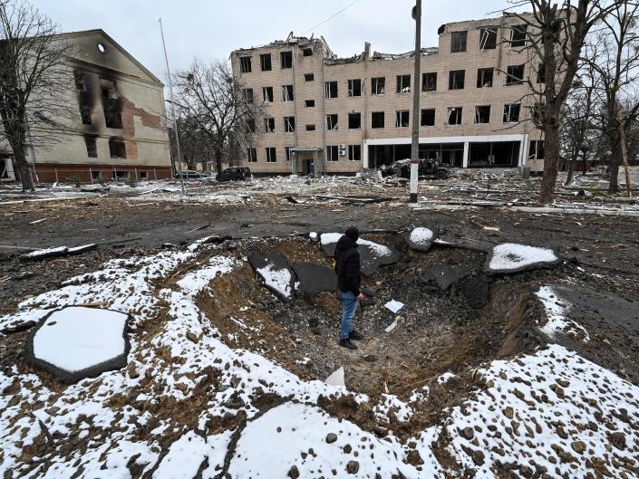 The view of military facility which was destroyed by recent shelling in the city of Brovary outside Kyiv on March 1, 2022.